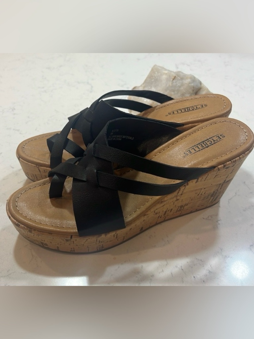 Seychelles Black Strappy Cork Wedge Sandals 8